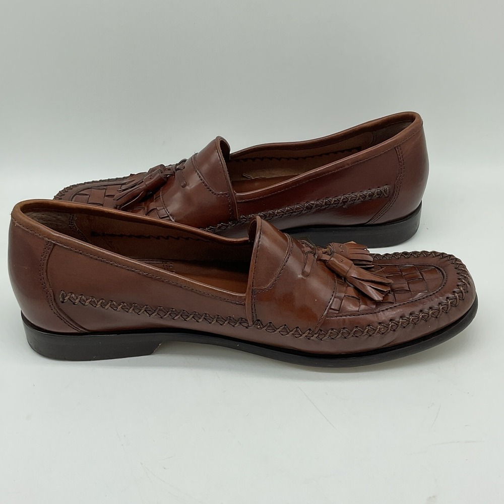 Bass Mens Bellagio Dress Loafers 10M Leather Brown Woven Tassel Slip On Shoes - Picture 8 of 13